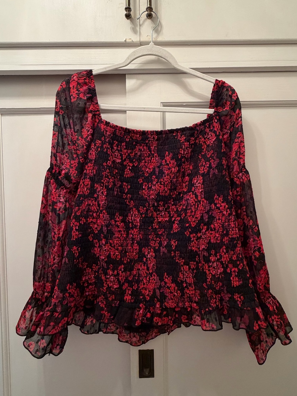 Smocked Floral Square-Neck Blouse in Black and Red